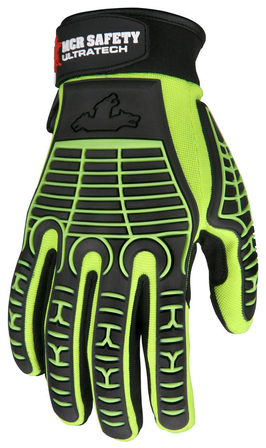 MC502 - MCR Safety UltraTech® Mechanics Gloves - Hi-Visibility Abrasion Resistant Gloves - 2 Way Stretch Hi-Visibility Back - G-shaped Palm Padding and TPR Cage Back