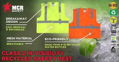 MCR Safety RXCL2MO - Hi-Vis Reflective Orange Safety Vest - Manufactured with Recycled Material - Meets ANSI/ISEA 107 2020 Standard - Type R Class 2 Compliant - Five Point Break Away - Made with Environmentally Friendly Recycled Water Bottles and Polyeste — manufacturer image 7