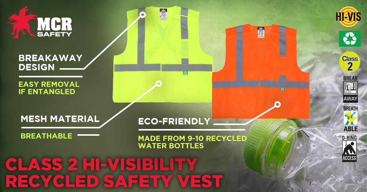 MCR Safety RXCL2ML - Hi-Vis Reflective Lime Safety Vest - Manufactured with Recycled Materials - Meets ANSI/ISEA 107 2020 Standard -Type R Class 2 Compliant - Five Point Break Away Design - Made with Environmentally Friendly Recycled Water Bottles and Pol — manufacturer image 8
