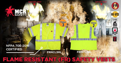 MCR Safety FRMCL3ML - Flame Resistant (FR) Safety Vest - ANSI/ISEA 107 Type R Class 3 Compliant - Mesh Modacrylic / Aramid Blend - 2 Inch Silver FR Stripes - ARC rating of 4.6 cal / cm² — manufacturer image 5