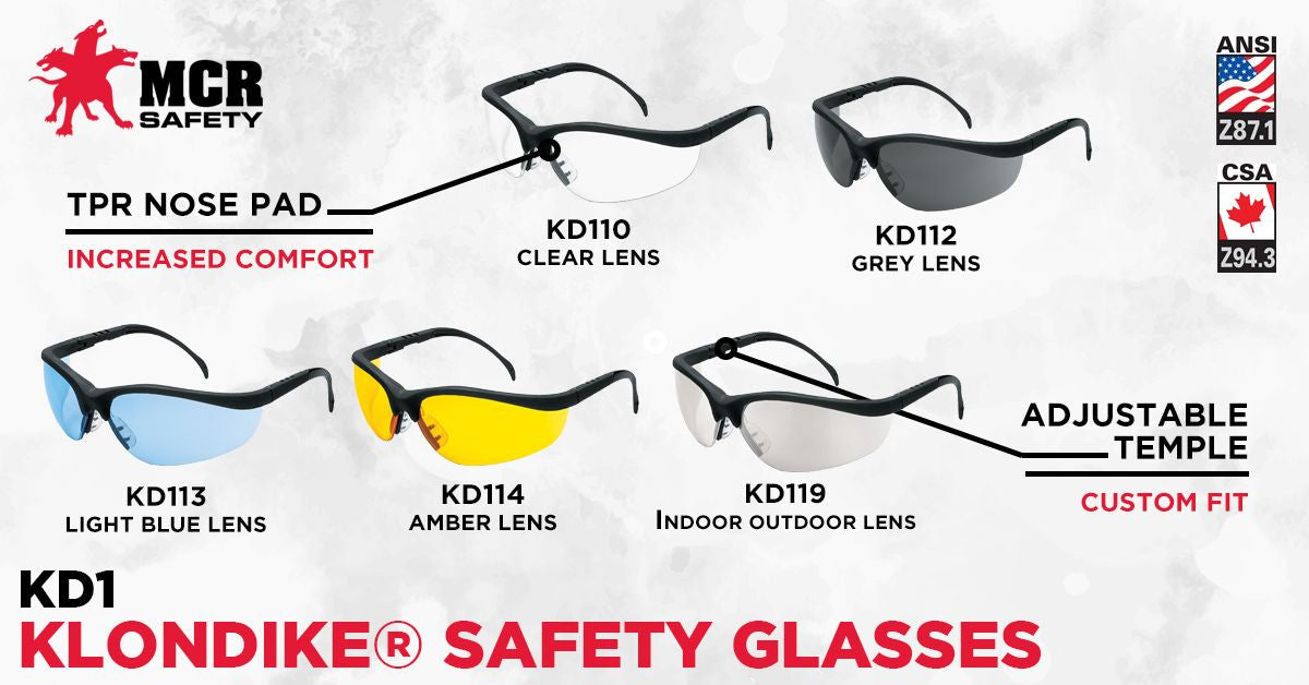 MCR Safety KD1 - Klondike® KD1 Series Safety Glasses - Soft, Comfortable and Secure TPR Nose Piece - Adjustable Temple Length — manufacturer image 6