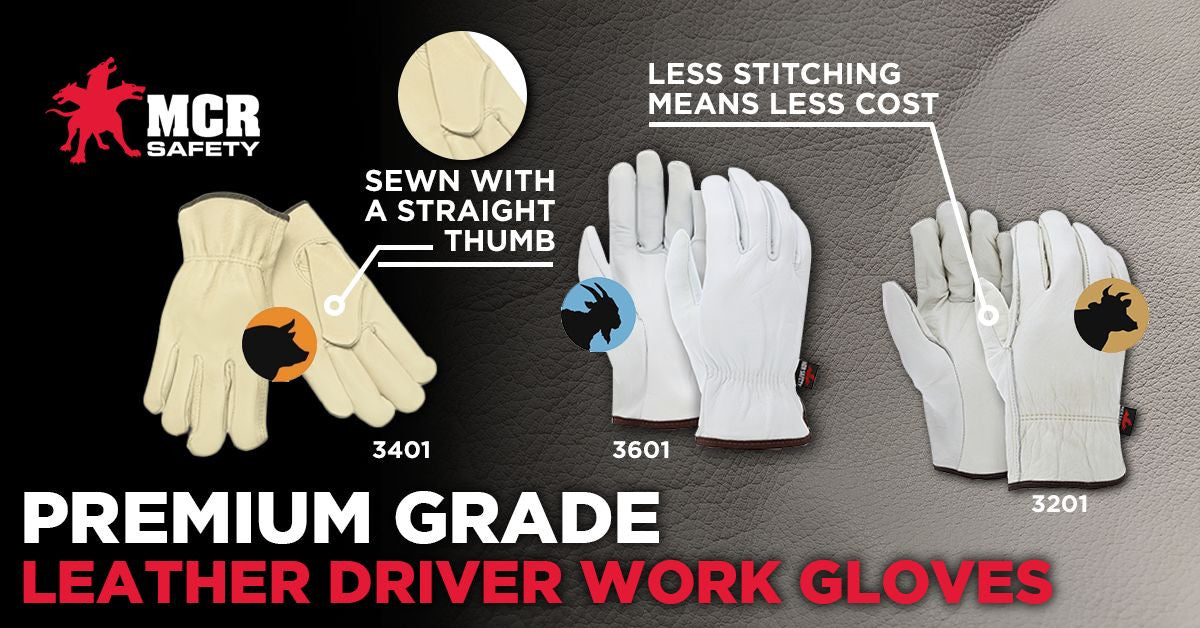 Grain Cowhide Driver Gloves, Select B Grade, Straight Thumb, Slip-On Cuff