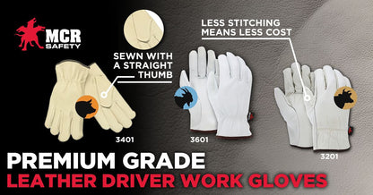 Grain Cowhide Driver Gloves, Select B Grade, Straight Thumb, Slip-On Cuff