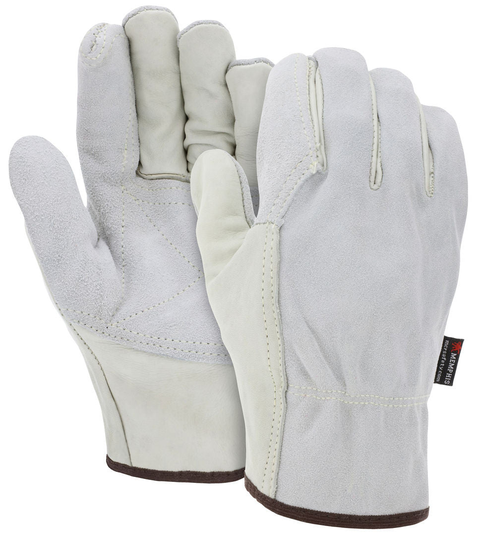Cowhide Leather Driver Gloves, Double Palm, Grain/Split, Wing Thumb
