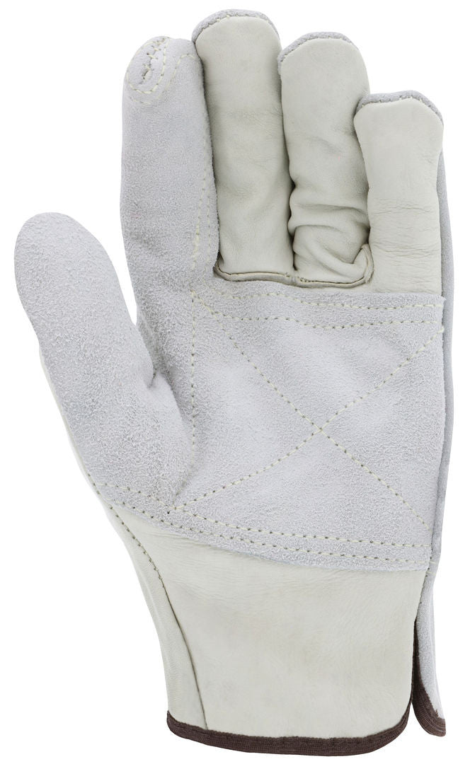 Cowhide Leather Driver Gloves, Double Palm, Grain/Split, Wing Thumb