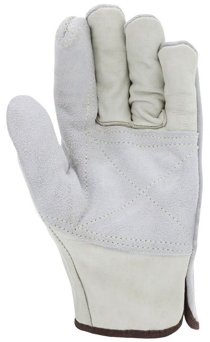 Cowhide Leather Driver Gloves, Double Palm, Grain/Split, Wing Thumb