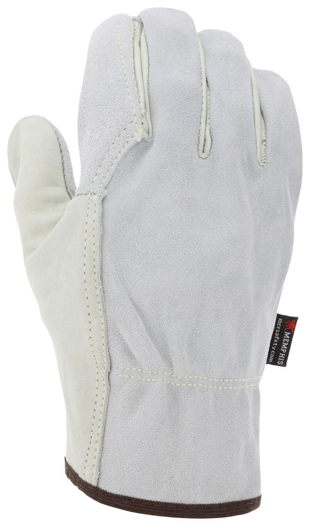 Cowhide Leather Driver Gloves, Double Palm, Grain/Split, Wing Thumb