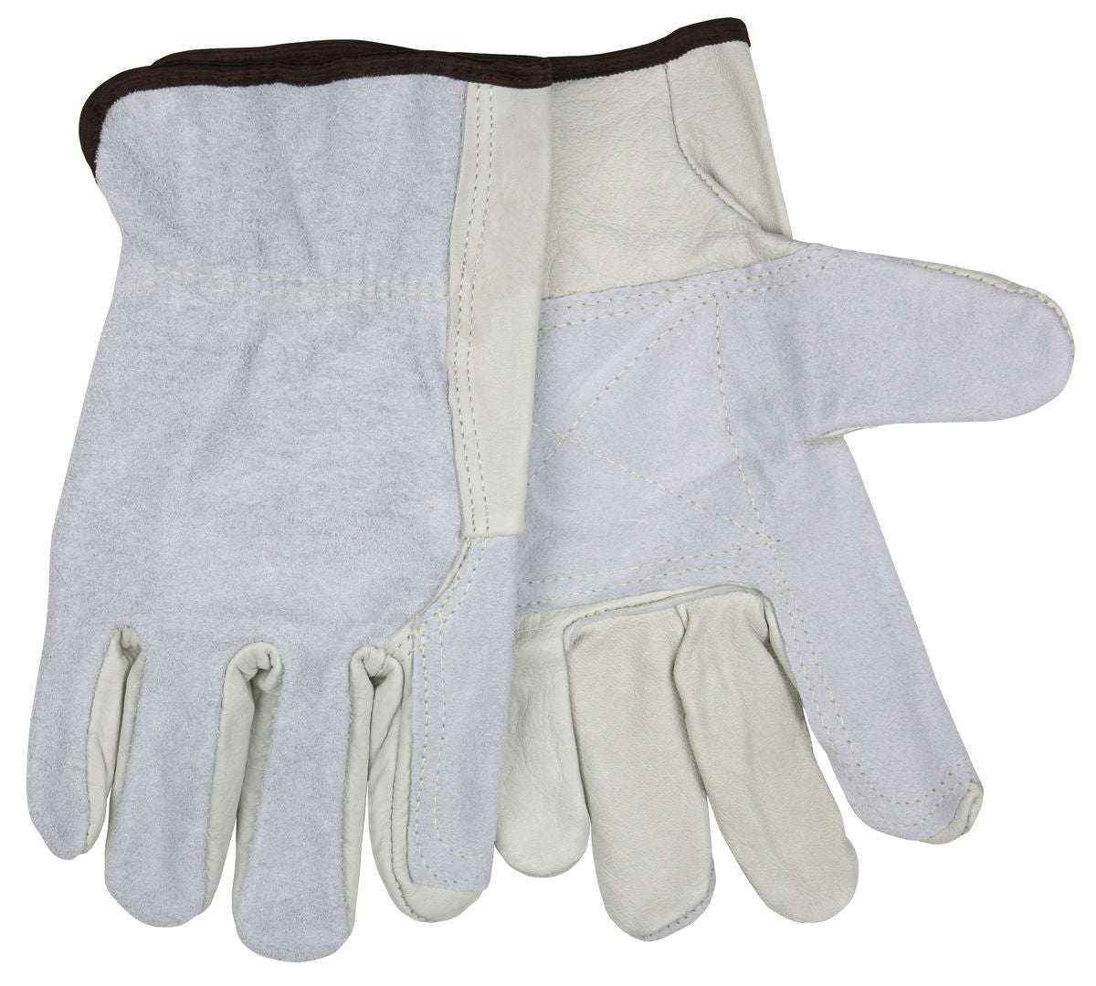 Cowhide Leather Driver Gloves, Double Palm, Grain/Split, Wing Thumb