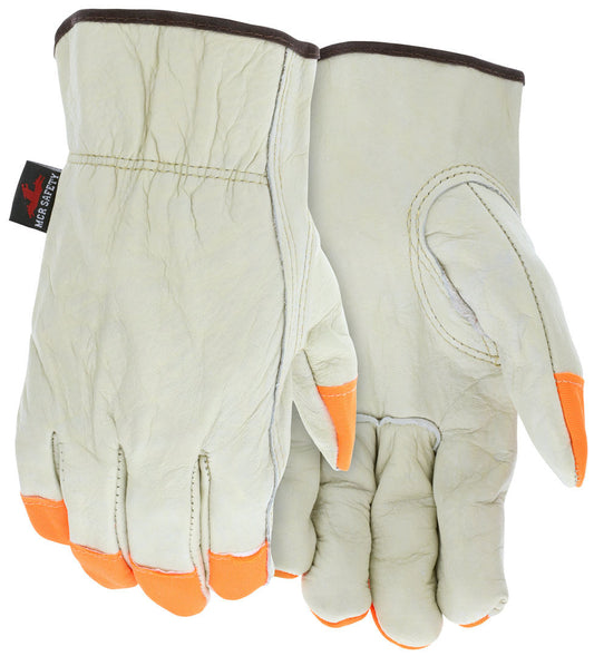 Grain Cowhide Leather Driver Gloves, Hi-Vis Orange, Keystone Thumb, Slip-On Cuff