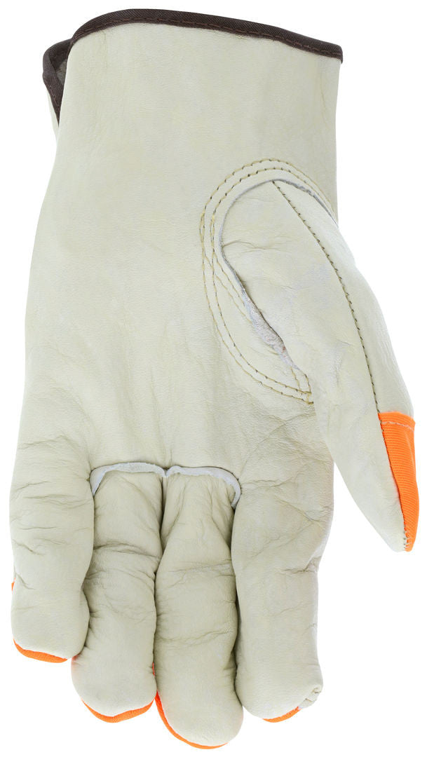 Grain Cowhide Leather Driver Gloves, Hi-Vis Orange, Keystone Thumb, Slip-On Cuff