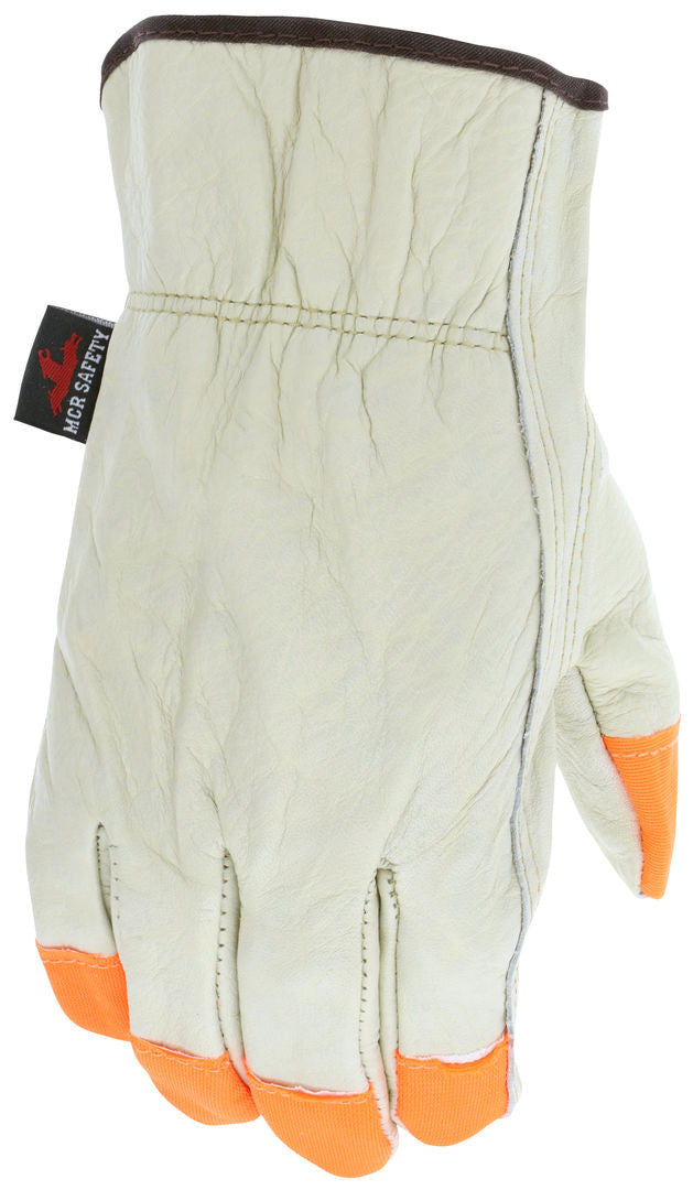 Grain Cowhide Leather Driver Gloves, Hi-Vis Orange, Keystone Thumb, Slip-On Cuff
