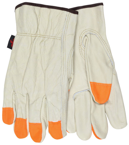 Grain Cowhide Leather Driver Gloves, Hi-Vis Orange, Keystone Thumb, Slip-On Cuff