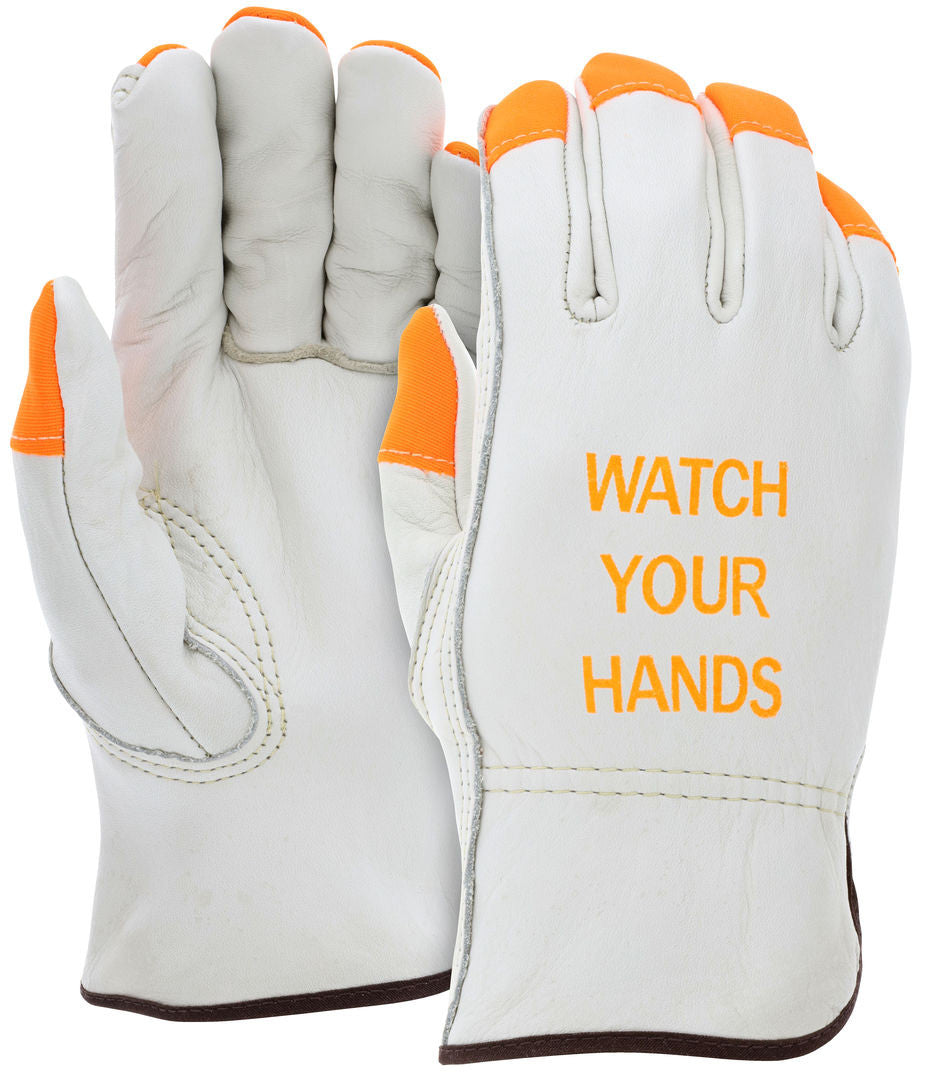Cowhide Grain Leather Driver Gloves, Keystone Thumb, Hi-Vis Orange Accents