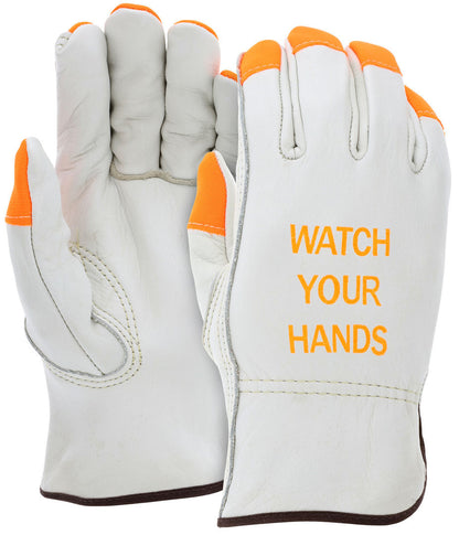 Cowhide Grain Leather Driver Gloves, Keystone Thumb, Hi-Vis Orange Accents