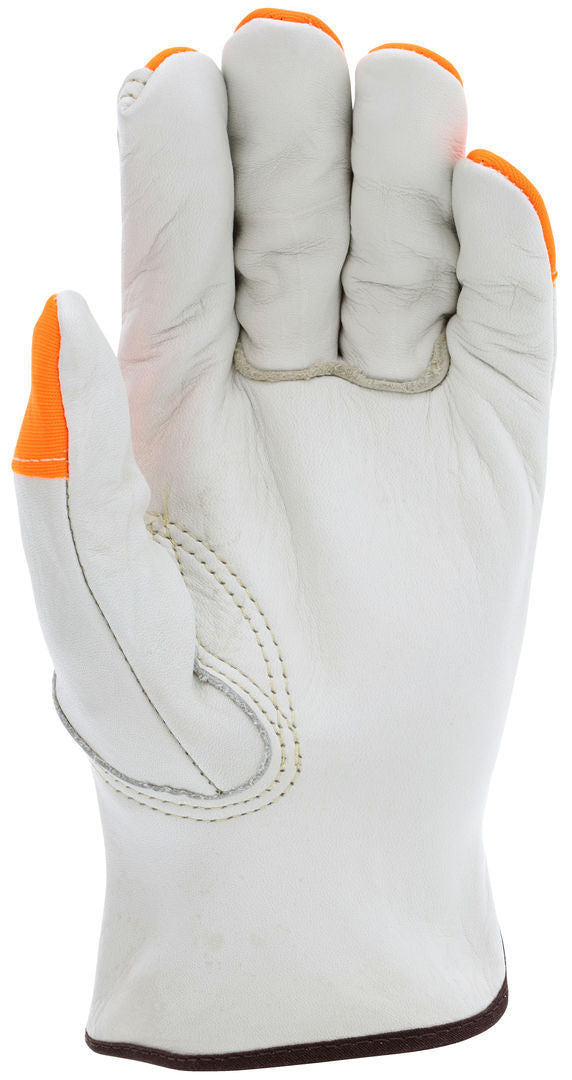 Cowhide Grain Leather Driver Gloves, Keystone Thumb, Hi-Vis Orange Accents