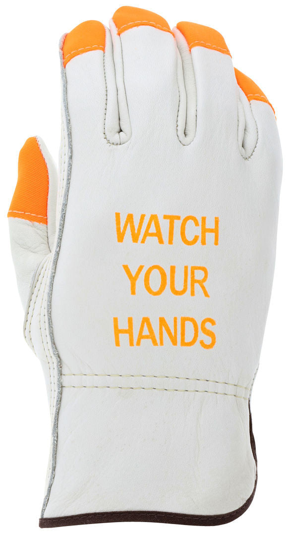 Cowhide Grain Leather Driver Gloves, Keystone Thumb, Hi-Vis Orange Accents