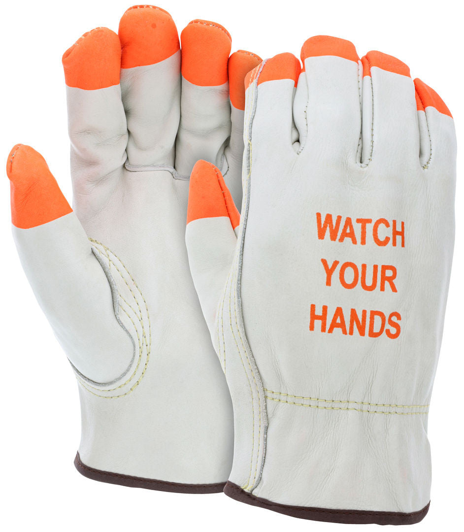 Grain Cowhide Driver Gloves, Hi-Vis Orange Accents, Keystone Thumb, Unlined