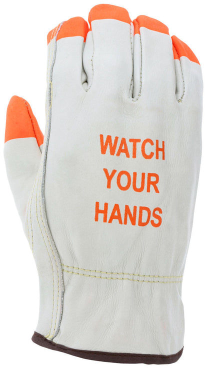 Grain Cowhide Driver Gloves, Hi-Vis Orange Accents, Keystone Thumb, Unlined