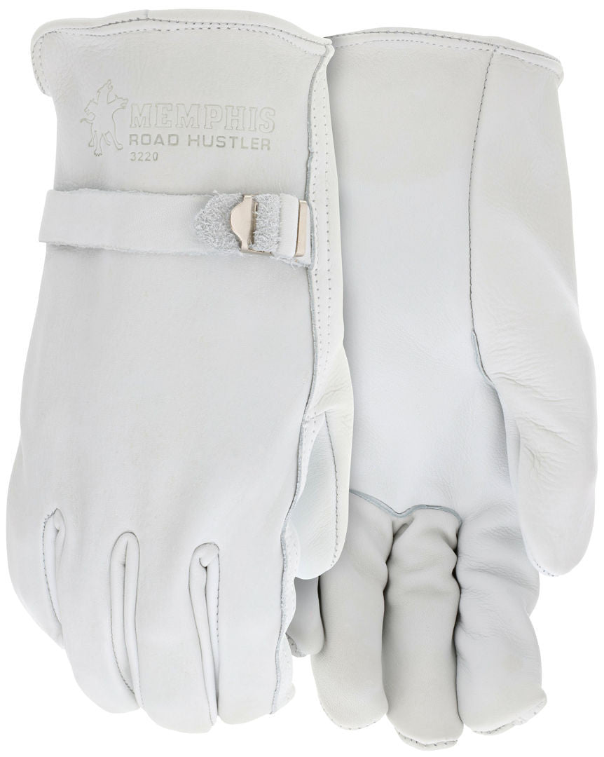 Road Hustler Cowhide Grain Leather Driver Gloves, Rolled Hem, Pull Strap
