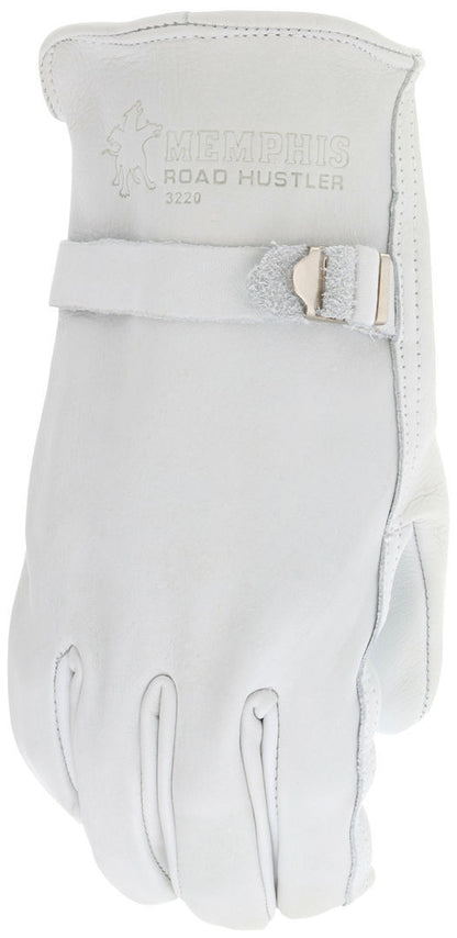 Road Hustler Cowhide Grain Leather Driver Gloves, Rolled Hem, Pull Strap