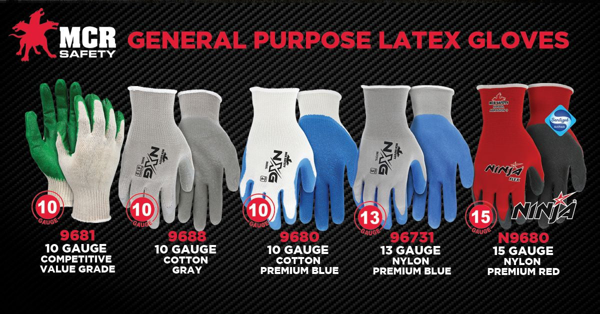 9681 - 10 Gauge Natural Cotton/Polyester Work Gloves - Green Latex Coated Palm and Fingertips - Latex Palm Provides Additional Gripping Power