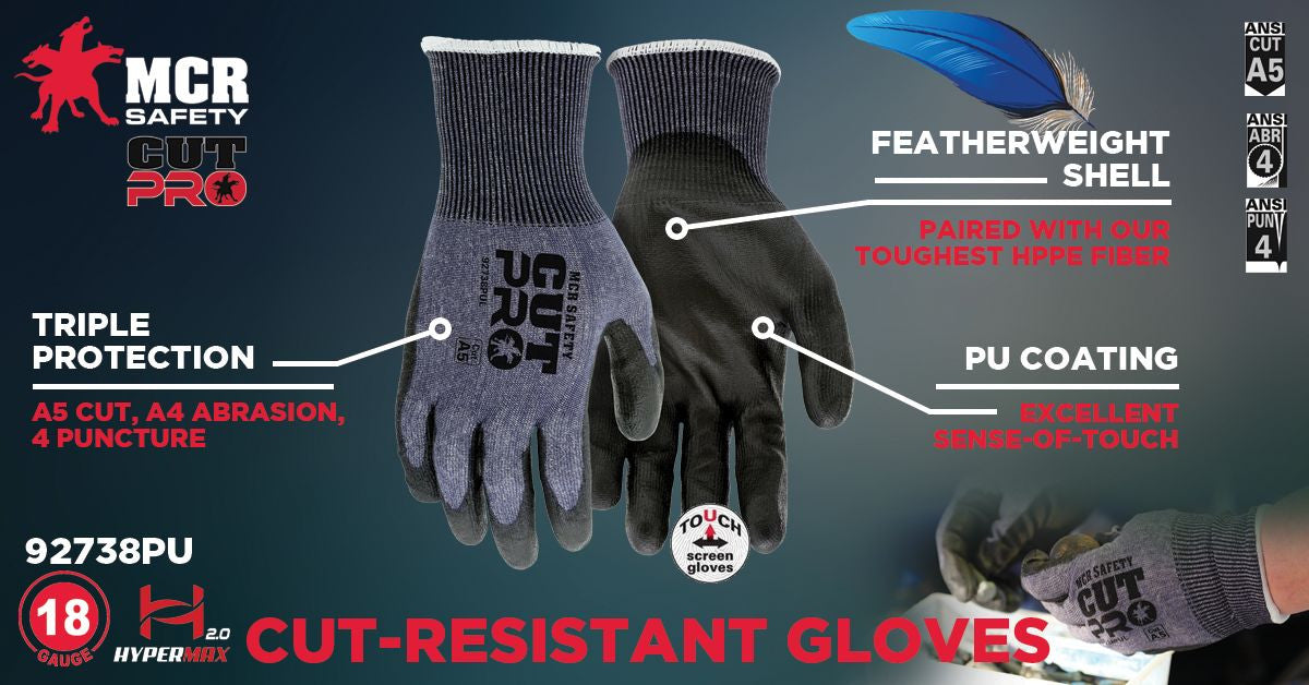 92738PU - MCR Safety CutPro® - 18 Gauge HyperMax® HPPE Shell - Cut, Abrasion, and Puncture Resistant - Polyurethane (PU) Coated Palm and Fingertips - Provides Superior Dexterity and Sense of Touch