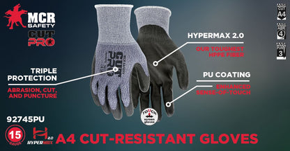92745PU - MCR Safety CutPro® - 15 Gauge HyperMax® HPPE Shell - Cut, Abrasion and Puncture Resistant - Polyurethane (PU) Coated Palm and Fingertips