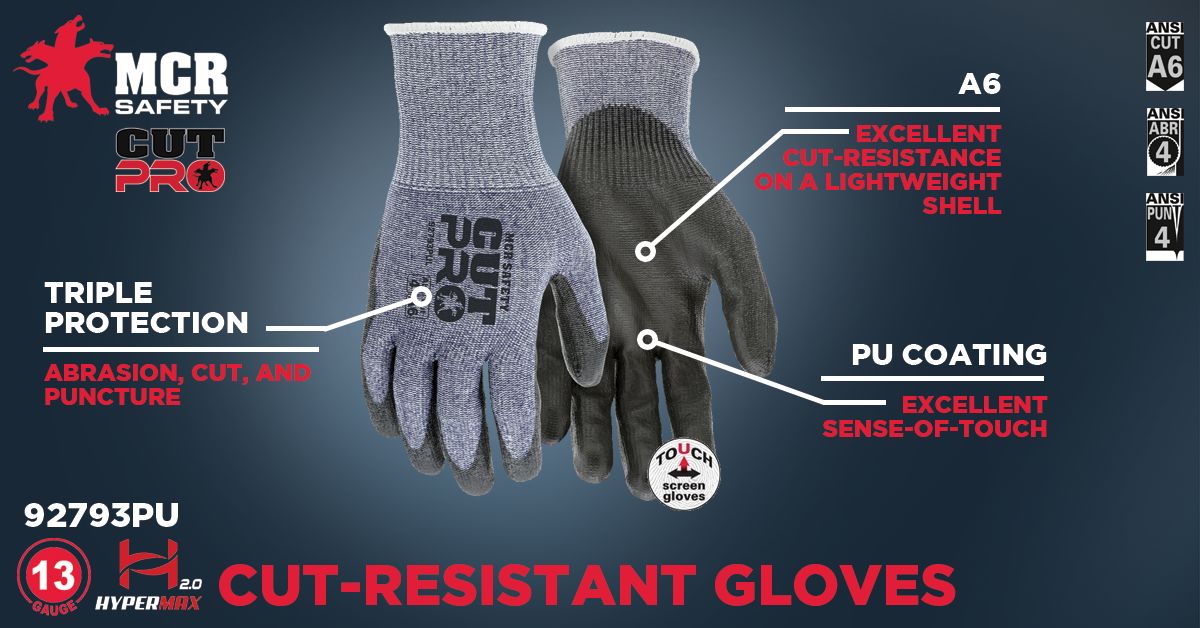 92793PU - MCR Safety CutPro® - 13 Gauge HyperMax® HPPE Shell - Cut, Abrasion and Puncture Resistant - Polyurethane (PU) Coated Palm Provides Excellent Cut and Abrasion Resistance