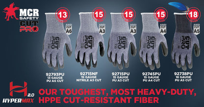 92715PU - MCR Safety CutPro® - 15 Gauge HyperMax® HPPE Shell - Cut, Abrasion and Puncture Resistant - Polyurethane (PU) Coated Palm and Fingertips