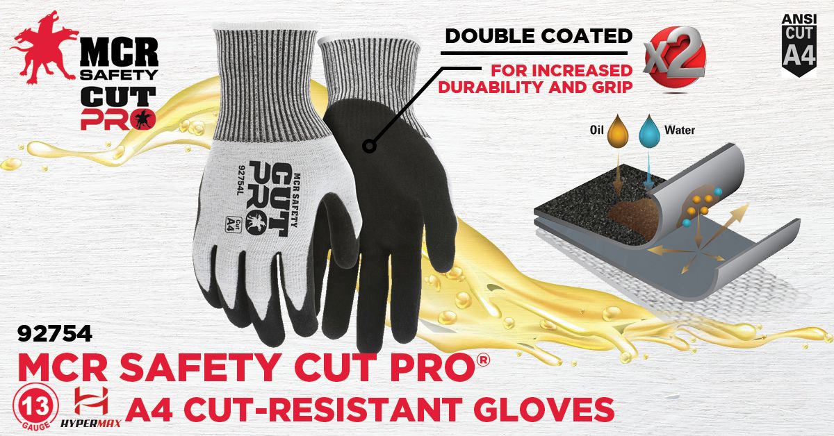 92754 - MCR Safety CutPro® - 13 Gauge HyperMax® HPPE Shell - Cut Resistant Work Gloves - Double Coated Black Nitrile Outer Coating Absorbs Oils and Aids Grip - Inner Coating Repels Oils and Liquids