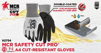 92754 - MCR Safety CutPro® - 13 Gauge HyperMax® HPPE Shell - Cut Resistant Work Gloves - Double Coated Black Nitrile Outer Coating Absorbs Oils and Aids Grip - Inner Coating Repels Oils and Liquids