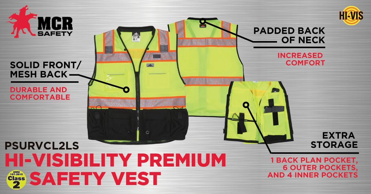 PSURVCL2LS - Premium Hi-Vis Reflective Safety Vest - Zippered Front Closure with Solid Front & Mesh Back - Meets ANSI/ISEA 107 2020 Standard - Type R Class 2 Compliant