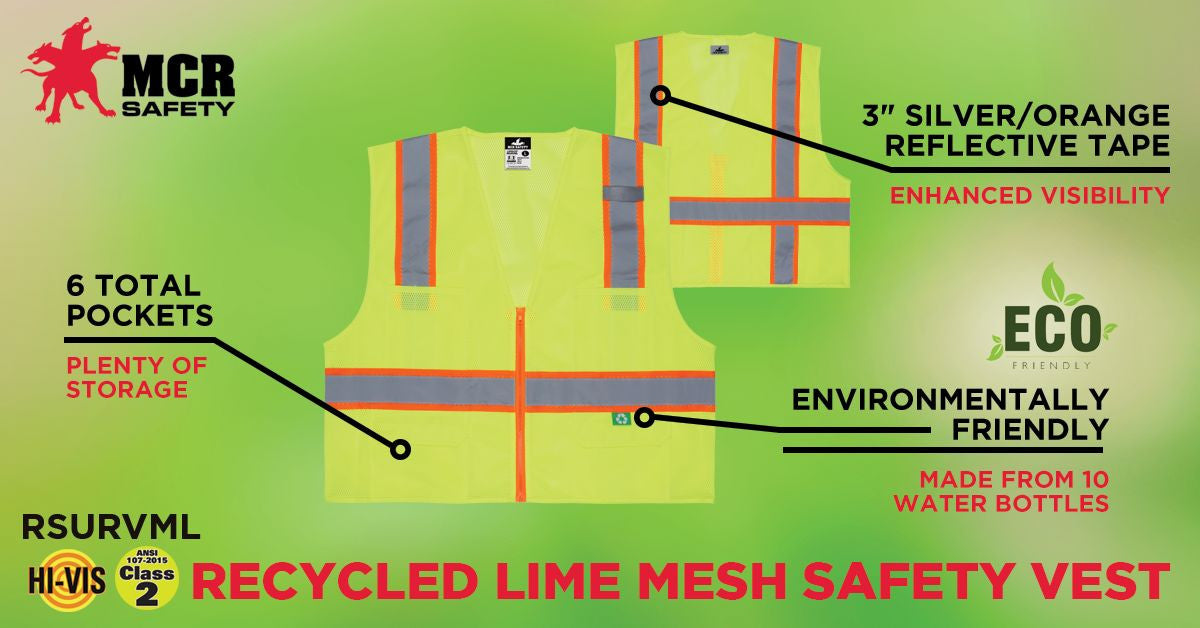 MCR Safety RSURVML - Hi-Vis Reflective Lime Safety Vest - Manufactured with Recycled Materials - Meets ANSI/ISEA 107 2020 Standard - Type R Class 2 Compliant - Made With Environmentally Friendly Recycled Water Bottles and Polyester — manufacturer image 5