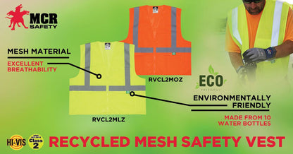 MCR Safety RVCL2MLZ - Hi-Vis Reflective Lime Safety Vest - Manufactured with Recycled Materials - Meets ANSI/ISEA 107 2020 Standard - Type R Class 2 Compliant - Made with Environmentally Friendly Recycled Water Bottles and Polyester — manufacturer image 4