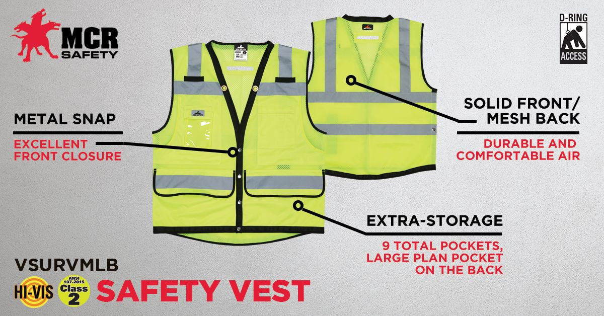 MCR Safety VSURVMLB - Hi-Vis Reflective Lime Safety Vest - Surveyor Vest with 9 Pockets - Sturdy Metal Snap Front Closure - Meets ANSI/ISEA 107 2020 Standard - Type R Class 2 Compliant - Premium Surveyor Vest with Extra-Large Plan Pocket on the Back — manufacturer image 3