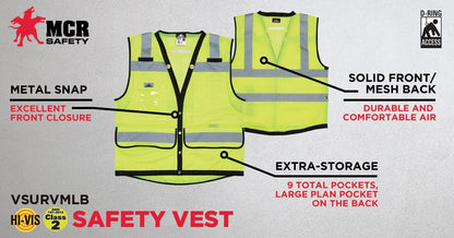 MCR Safety VSURVMLB - Hi-Vis Reflective Lime Safety Vest - Surveyor Vest with 9 Pockets - Sturdy Metal Snap Front Closure - Meets ANSI/ISEA 107 2020 Standard - Type R Class 2 Compliant - Premium Surveyor Vest with Extra-Large Plan Pocket on the Back — manufacturer image 3