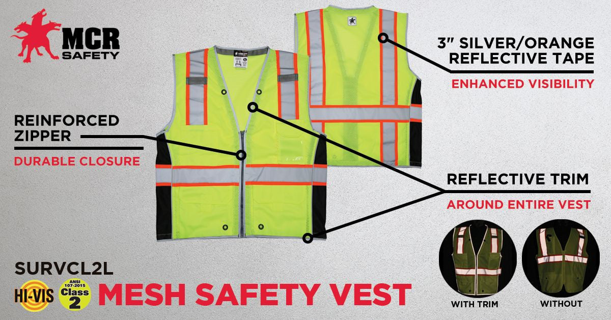 MCR Safety SURVCL2L - Hi-Vis Reflective Lime Safety Vest - Trimmed with Silver Reflective Material - Meets ANSI/ISEA 107 2020 Standard - Type R Class 2 Compliant - Zipper Front Closure - Surveyor Safety Vest with 6 Pockets — manufacturer image 3