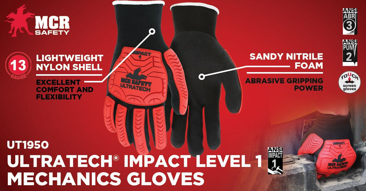 VPUT1950 - MCR Safety UltraTech® Mechanics Gloves Black Sandy Nitrile Foam Palm Fingertips TPR Back of Hand Protection 13-Gauge Nylon Shell Vending Packaged Hi-Vis Red TPR back of hand provides Level 1 Impact Protection