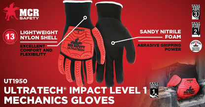 VPUT1950 - MCR Safety UltraTech® Mechanics Gloves Black Sandy Nitrile Foam Palm Fingertips TPR Back of Hand Protection 13-Gauge Nylon Shell Vending Packaged Hi-Vis Red TPR back of hand provides Level 1 Impact Protection