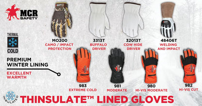 983 - MCR Safety Insulated Mechanics Gloves - 200 gram Thinsulate™ Lining - MAXGrid™ Material Palm - Inner Elastic Snow and Ice Cuff - Waterproof / Windproof Barrier for Extreme Climate Protection