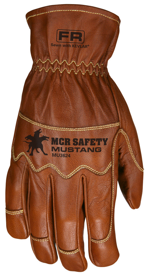 MU3624 - Mustang Utility Leather Drivers Work Gloves - Premium A Grade Grain Goatskin - Double Palm - Unlined - Sewn with DuPont™ Kevlar® - Wing Thumb - This FR Glove has an Arc Rating of 28.6 Cal/cm²