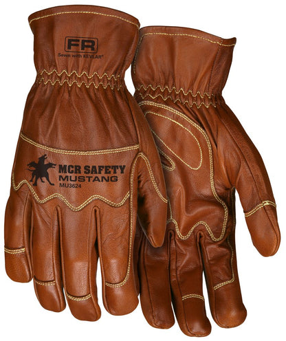 MU3624 - Mustang Utility Leather Drivers Work Gloves - Premium A Grade Grain Goatskin - Double Palm - Unlined - Sewn with DuPont™ Kevlar® - Wing Thumb - This FR Glove has an Arc Rating of 28.6 Cal/cm²