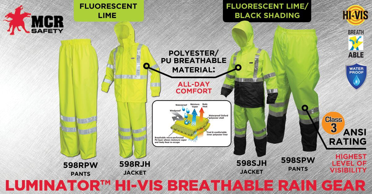 MCR Safety 598RJH - Luminator® Hi Vis Rain Jacket - Breathable Polyester / PU Fabric - Zippered Front Closure - Meets ANSI/ISEA 107 2020 Standard - Type R Class 3 Compliant — manufacturer image 4