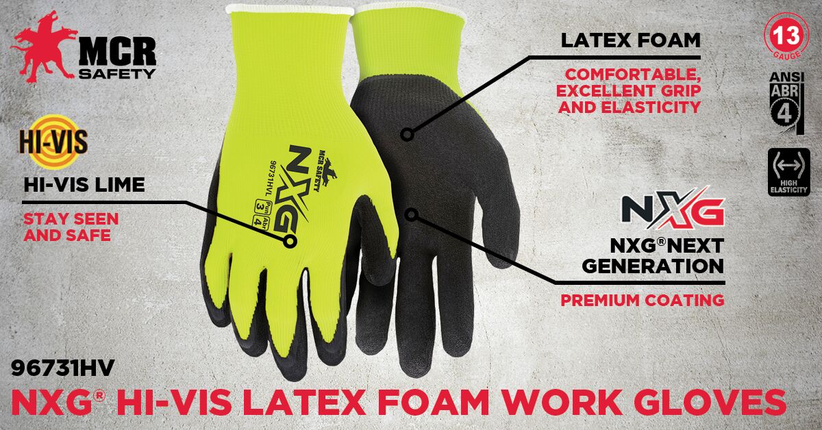 96731HV - MCR Safety NXG® - Hi-Vis Work Gloves - 13 Gauge Hi-Visibility Lime Nylon Polyester Shell - Black Latex Foam Coated Palm and Fingertips - NXG Provides Premium Quality, Comfort and Fit - A Great Choice for Long Workdays