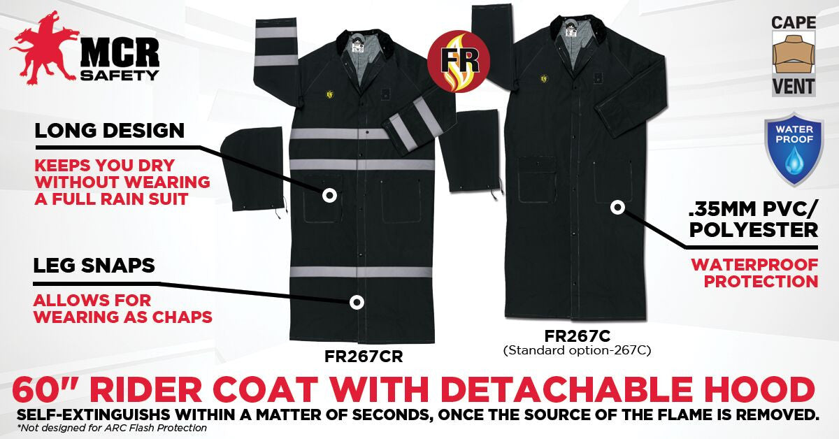 MCR Safety FR267CR - Classic Plus Series Reflective Rain Gear - .35mm PVC / Polyester Material - Waterproof Ankle Length Black Raincoat - Detachable Hood and Corduroy Collar - Limited Flammability - Silver Reflective Stripes — manufacturer image 2