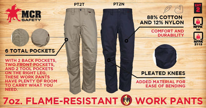 MCR Safety PT2N - MCR Safety FR Gear - Flame Resistant FR Navy Work Pants - 7 oz. 88% Cotton and 12% Nylon Twill Fabric - CAT2 / ATPV 8.6 cal/cm² - Button Up and Zippered Fly Front - Reinforced and Pleated Knees for Easier Bending, Stooping, and Climbing — manufacturer image 4