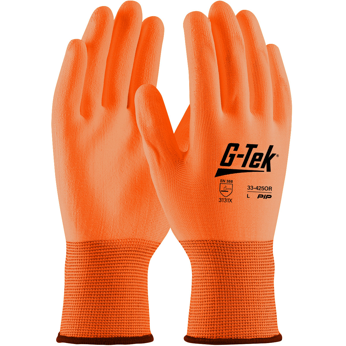 G-Tek® Hi-Vis Seamless Knit Polyester Glove with Hi-Vis Polyurethane Coated Flat Grip on Palm & Fingers