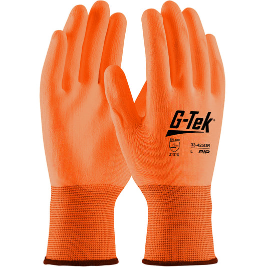 G-Tek® Hi-Vis Seamless Knit Polyester Glove with Hi-Vis Polyurethane Coated Flat Grip on Palm & Fingers
