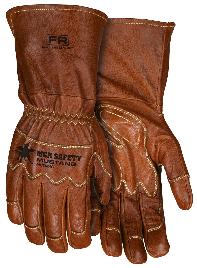 MU3624G - Mustang Leather Drivers Utility Work Gloves Grain Goat Double Palm, Unlined Sewn with DuPont™ Kevlar® Extended Gauntlet Cuff and Wing Thumb