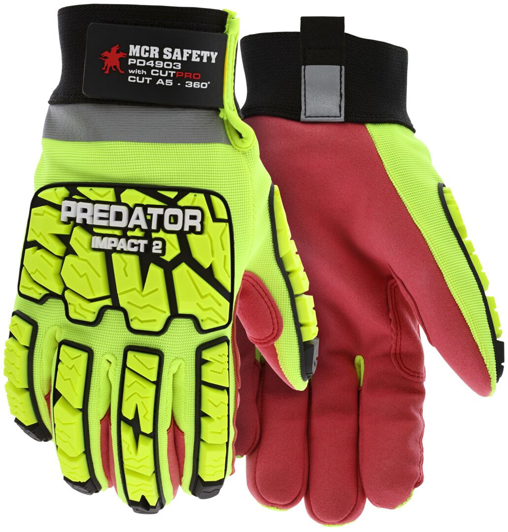 PD4903 - Predator® Impact Mechanics Gloves - Hi-Visibility Leather Palm Work Gloves - TPR Back of Hand Protection - Cut, Abrasion, Puncture, and Impact Resistant - Wing Thumb